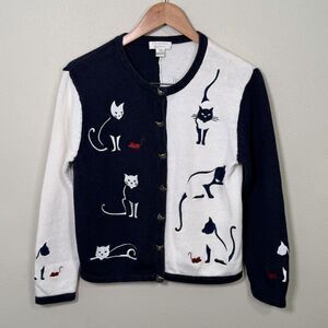 Vintage 2003 Christopher & Banks Cat Cardigan Sweater S Navy White Kitty Buttons